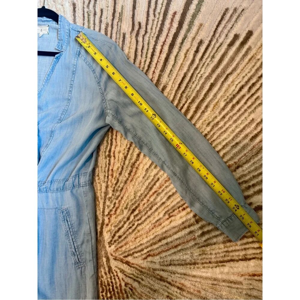 Lou & Grey Chambray Wrap Shirt Dress Womens Medium Blue Tie Waist Utility Pocket - Picture 2 of 8